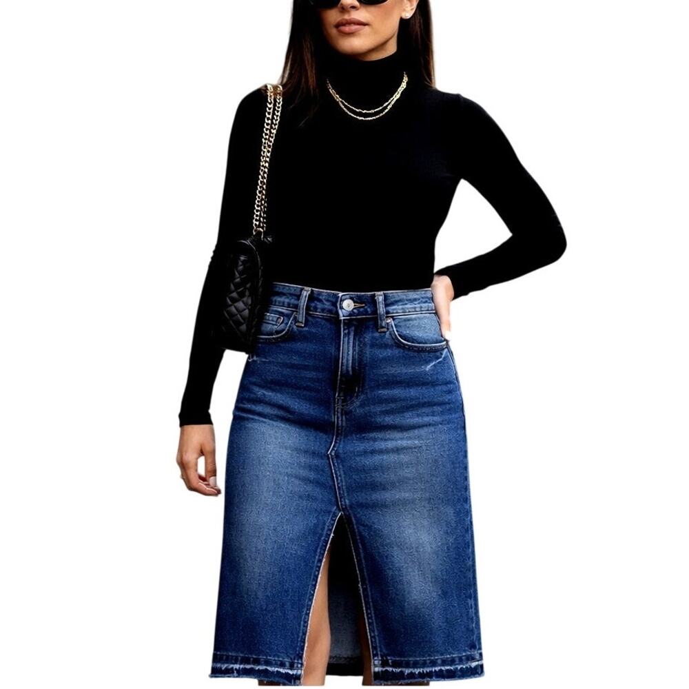 Joe’s Jeans Denim Midi Skirt High Rise Front Slit Raw Hem 26